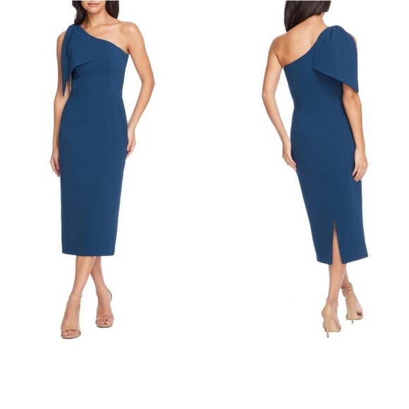 Dress the Population Tiffany One-Shoulder Midi Dress Peacock Blue Size XS NWT - Picture 5 of 7
